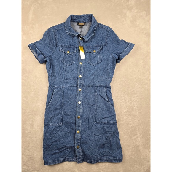 Alexia Admor Dresses & Skirts - New Alexia Admor Denim Dress Womens M Blue Short Sleeve Snap Front Mini‎ Pocket